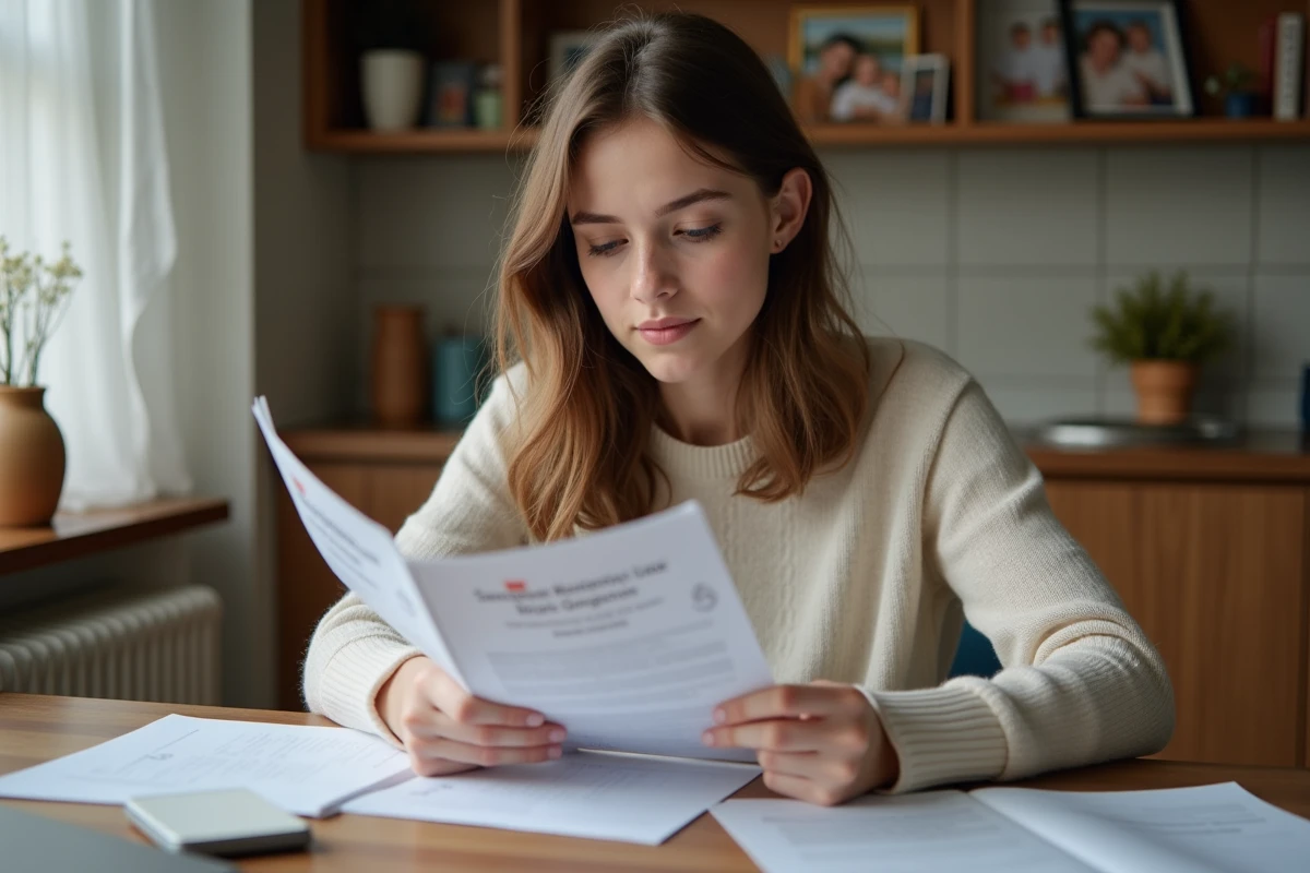 Jeune femme de 19 ans consulte des brochures universitaires à la maison