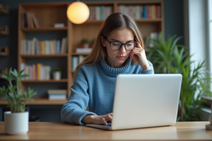 Jeune femme concentrée sur son ordinateur dans un appartement