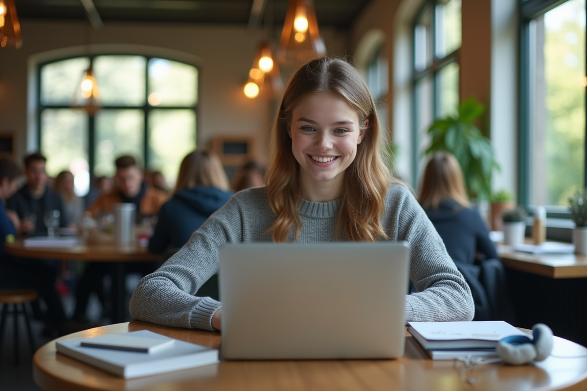 Jeune étudiante en sweatcode dans un café universitaire lumineux
