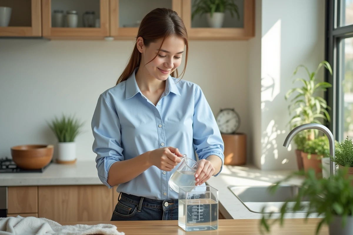 Jeune femme versant de l'eau dans un récipient en cuisine