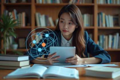 Jeune femme en étude avec hologramme quantique