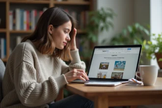 Jeune femme concentrée sur son ordinateur dans un salon chaleureux