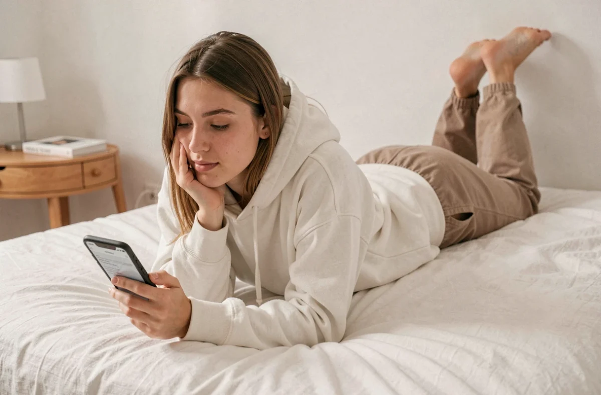 Jeune femme lisant un livre numérique sur smartphone allongée sur son lit dans une chambre épurée