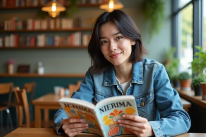 Jeune femme lisant un magazine dans un cafe chaleureux