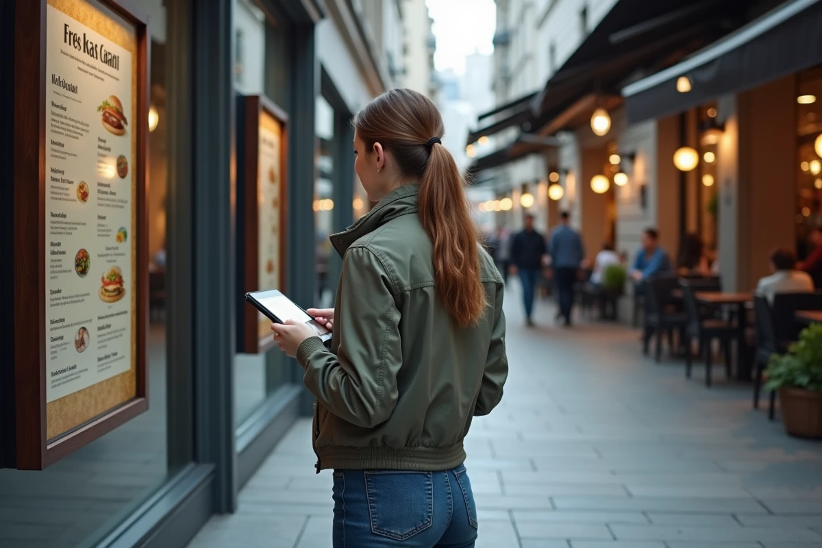 Jeune femme contemporaine choisissant entre deux menus