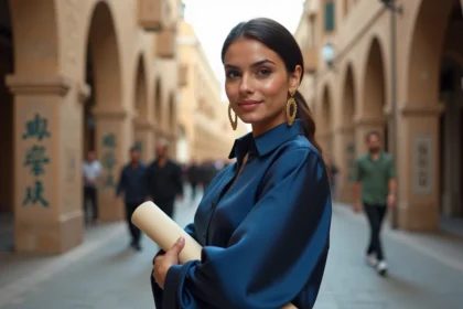 Jeune femme moyen-orientale en blouse bleue avec parchemin