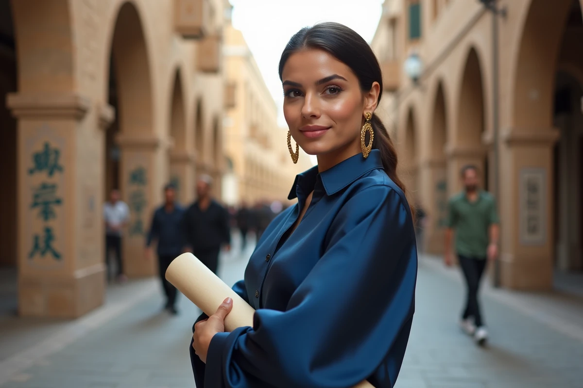 Jeune femme moyen-orientale en blouse bleue avec parchemin