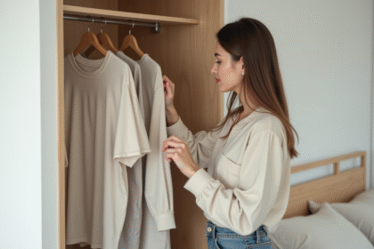 Jeune femme arrangeant des vêtements dans un dressing minimaliste