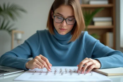 Jeune femme arrangeant des trombones dans un bureau moderne