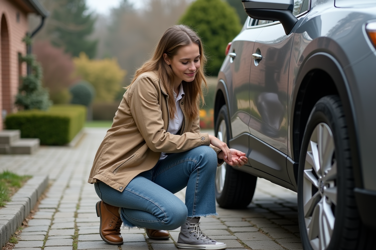 Jeune femme vérifiant les plaquettes de frein de sa voiture dans la cour