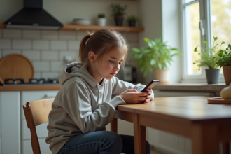 Jeune fille en hoodie dans la cuisine avec smartphone