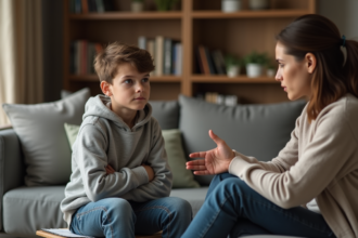 Jeune garçon et femme discutant dans un salon chaleureux
