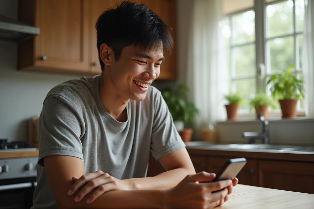 Jeune homme relaxant dans une cuisine avec smartphone