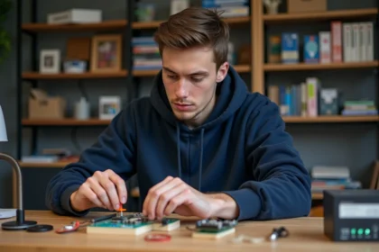 Jeune homme en hoodie assemble des composants électroniques