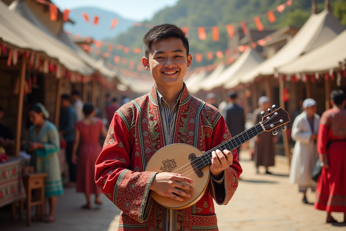 Jeune homme avec costume traditionnel lors d’un festival en plein air