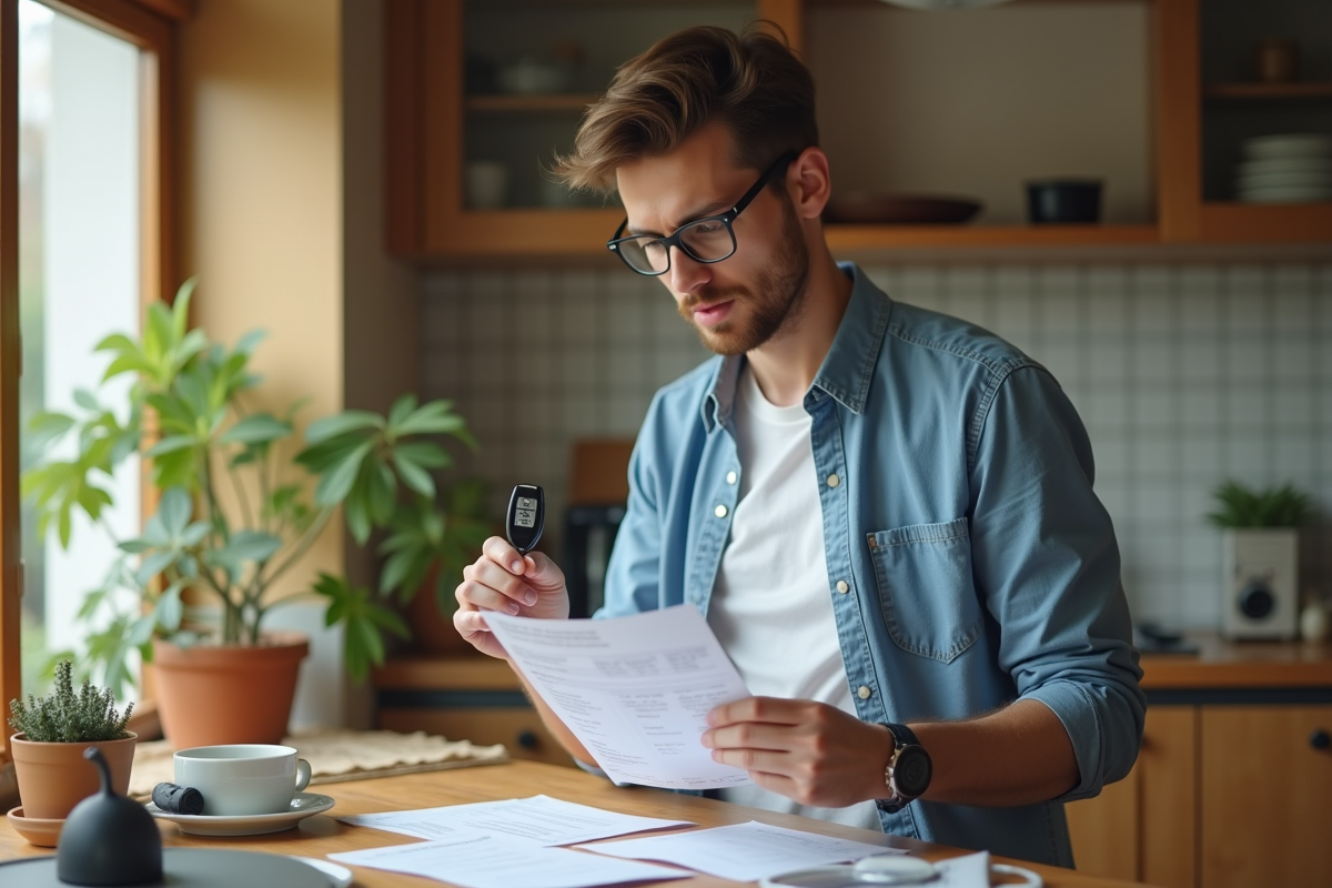 Jeune homme regarde une fiche de paie et une clé de voiture