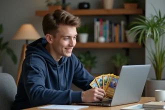 Jeune homme avec codes Pokémon en main dans un salon