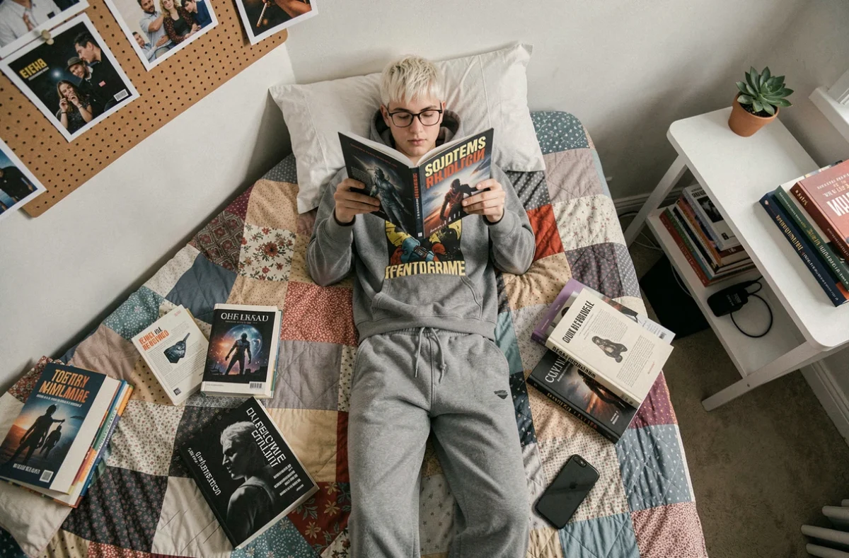 Jeune adulte lisant un roman d'Asimov allongé sur son lit dans une chambre d'étudiant moderne et créative