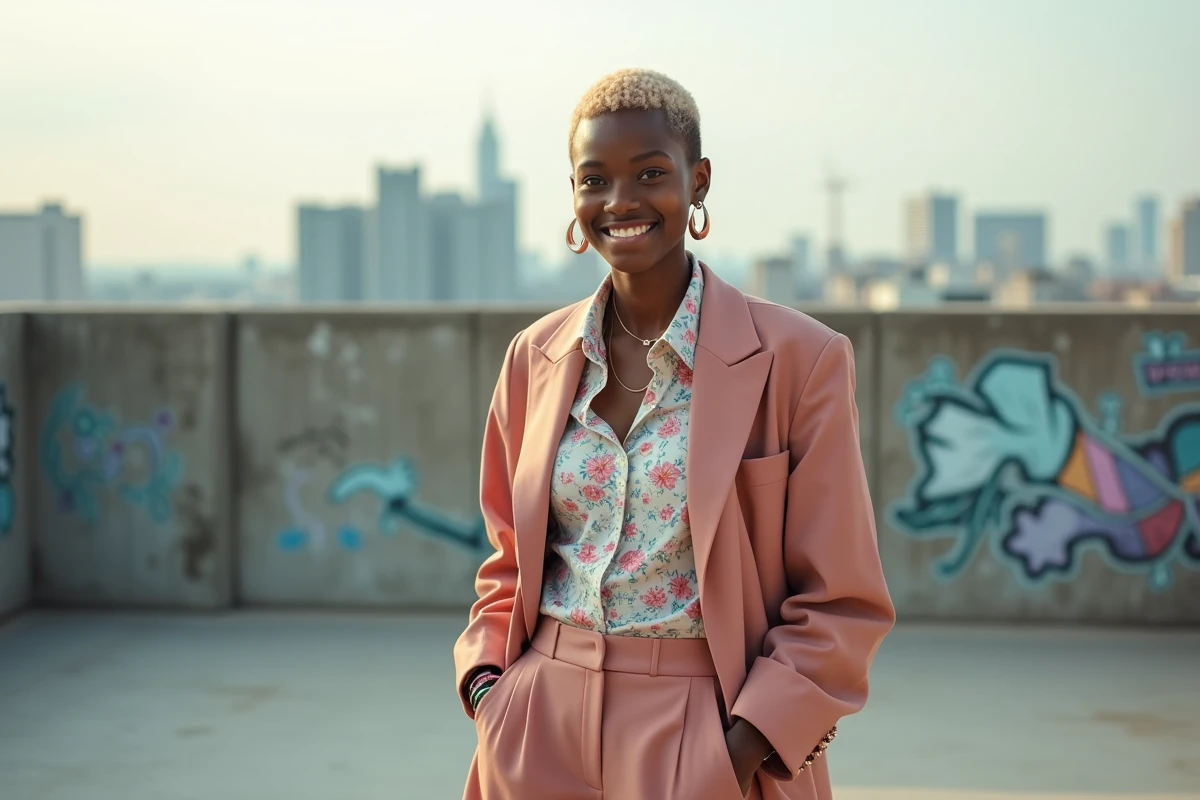 Jeune adulte nonbinaire en ville avec style éclectique