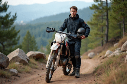 Jeune homme en moto enduro sur sentier rocheux