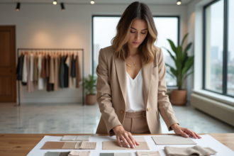 Jeune femme en studio avec mood board mode