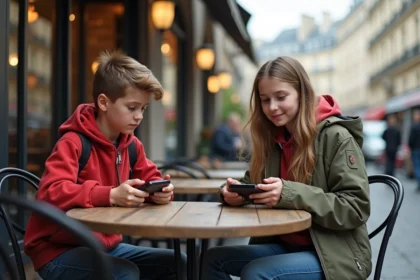 Deux adolescents français jouent à des jeux vidéo au café