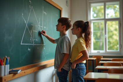 Adolescents discutant d'un dessin géométrique en classe