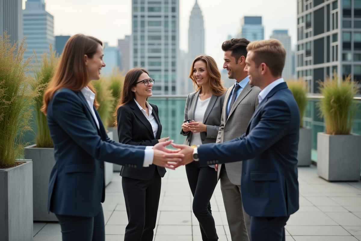 Groupe de jeunes professionnels discutant sur une terrasse urbaine