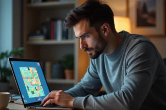 Joueur adulte concentré devant un jeu de mots Cemantix sur ordinateur portable, cherchant la solution sur son bureau en bois