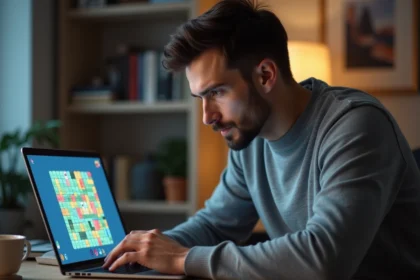 Joueur adulte concentré devant un jeu de mots Cemantix sur ordinateur portable, cherchant la solution sur son bureau en bois