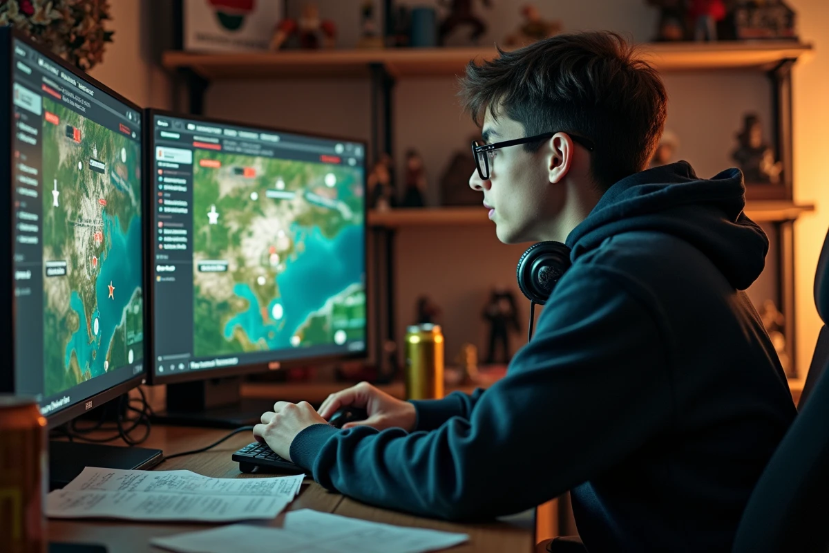 Joueur concentré analysant les statistiques d'XP du métier Chasseur dans Dofus sur un écran de bureau gaming