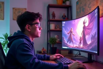 Joueur concentré sur sa quête dans un MMORPG fantasy avec interface violette et dorée sur grand écran incurvé
