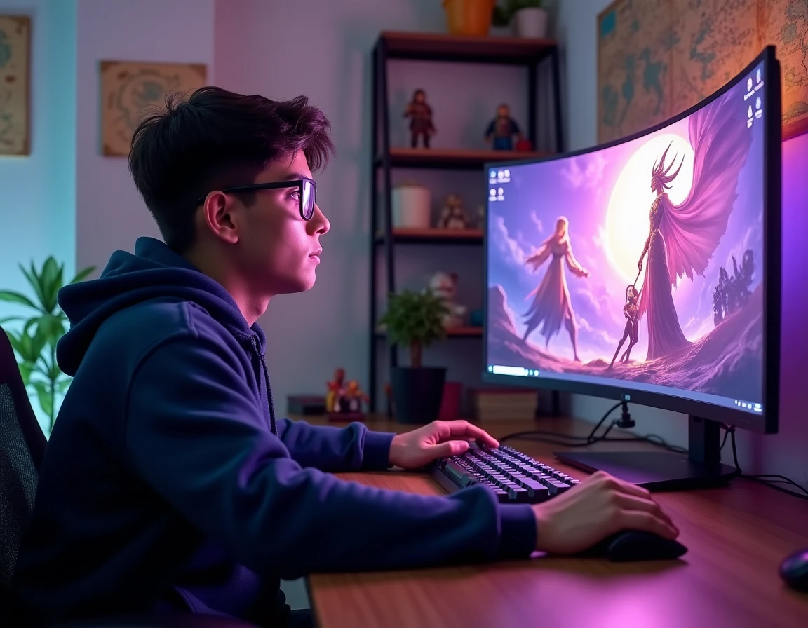 Joueur concentré sur sa quête dans un MMORPG fantasy avec interface violette et dorée sur grand écran incurvé