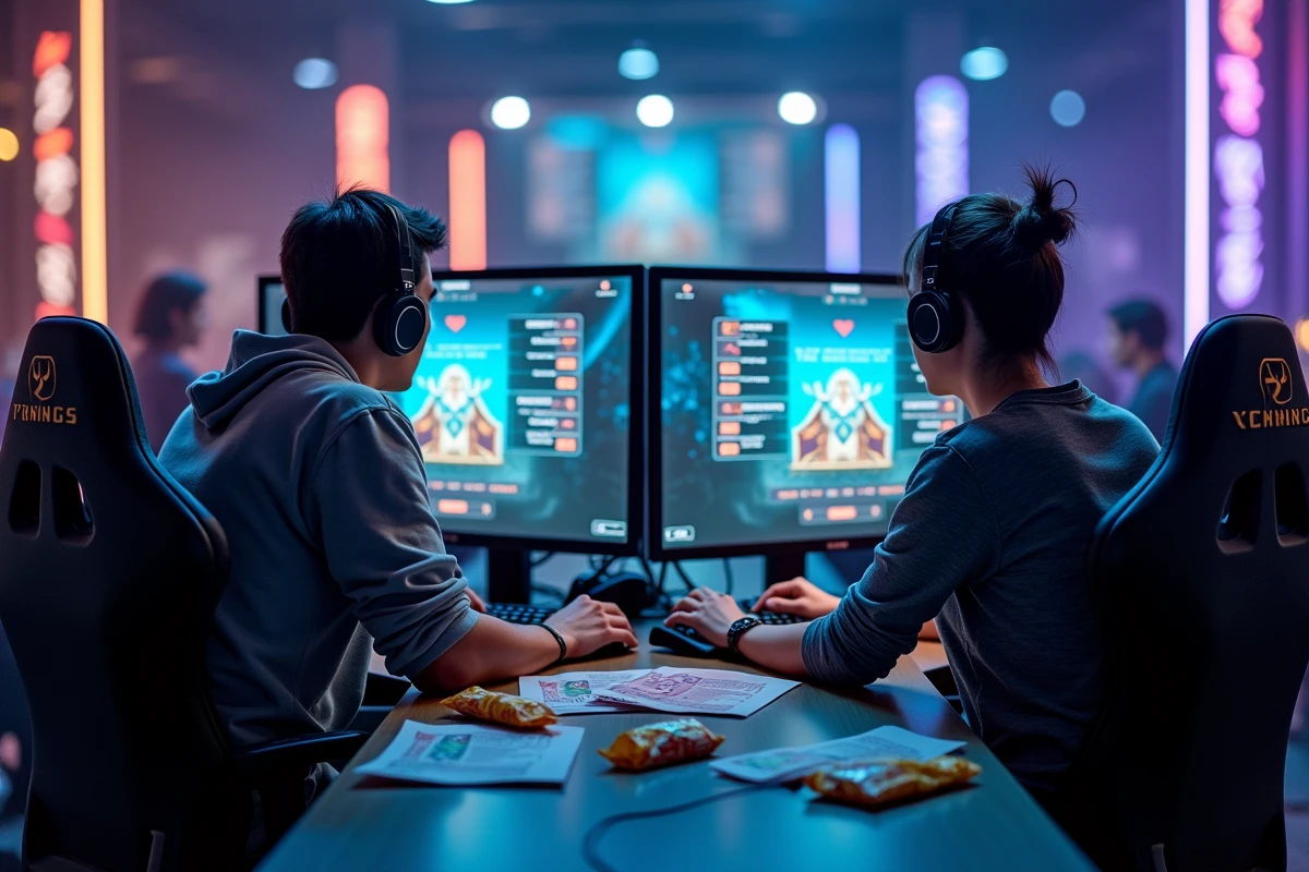 Deux joueurs discutant de la stratégie du métier Chasseur Dofus dans un café esports moderne