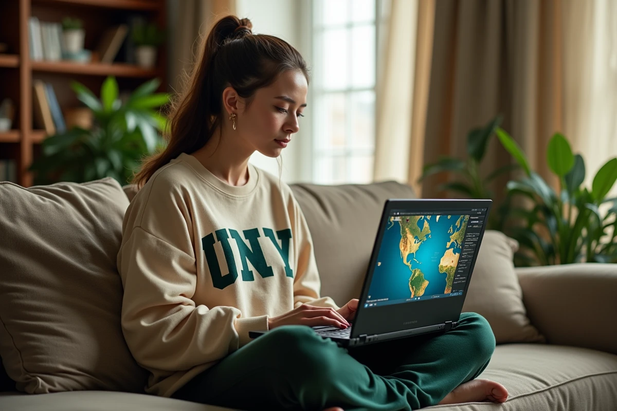 Joueuse de Dofus explorant le métier Chasseur sur un laptop dans un salon cosy