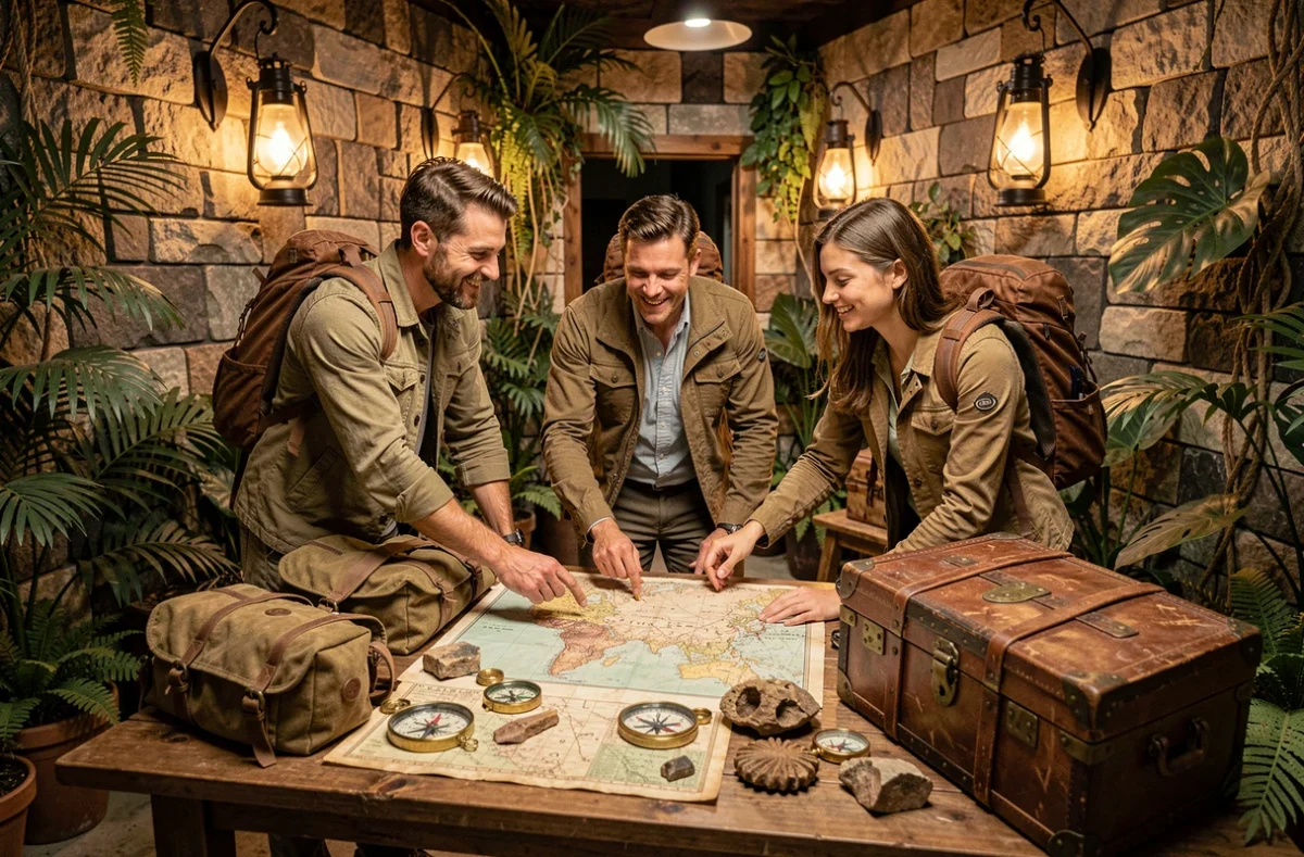 Groupe d'aventuriers résolvant une expédition immersive dans le décor de Last Adventures en Vaucluse