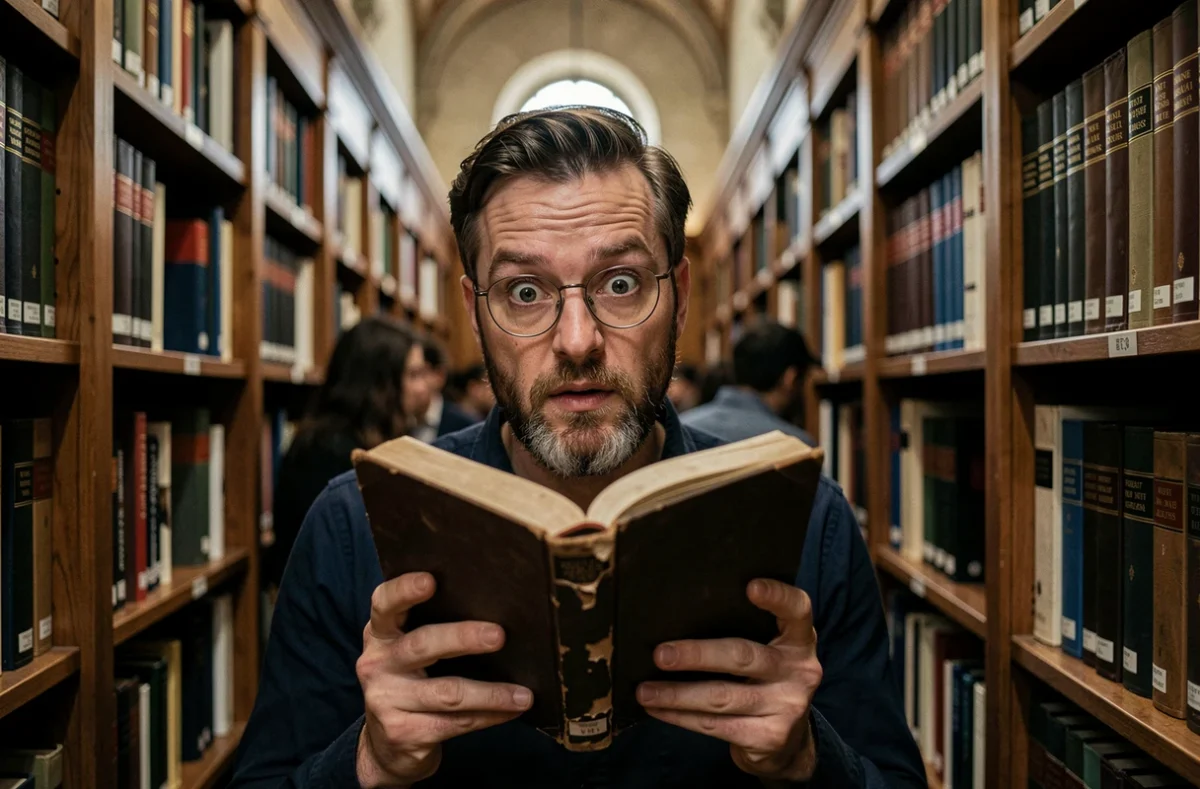 Lecteur surpris par un rebondissement narratif dans une bibliothèque ancienne, symbolisant l'effet d'un plotwist en littérature à la première personne