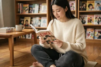 Jeune femme lisant un manga confortablement installée sur le sol de son appartement avec une pile de volumes à côté d'elle