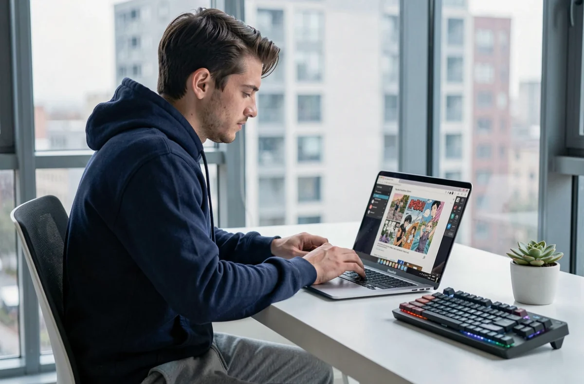 Jeune homme lisant des mangas en ligne sur son ordinateur portable installé à un bureau minimaliste moderne
