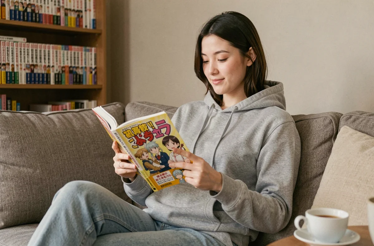 Jeune femme lisant un manga confortablement installée dans son salon entouré de volumes de manga