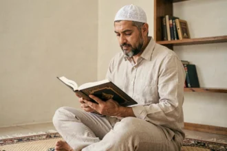Homme lisant le Coran ouvert sur un tapis de prière, illustrant la lecture de la sourate Al Mulk en arabe