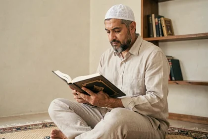 Homme lisant le Coran ouvert sur un tapis de prière, illustrant la lecture de la sourate Al Mulk en arabe