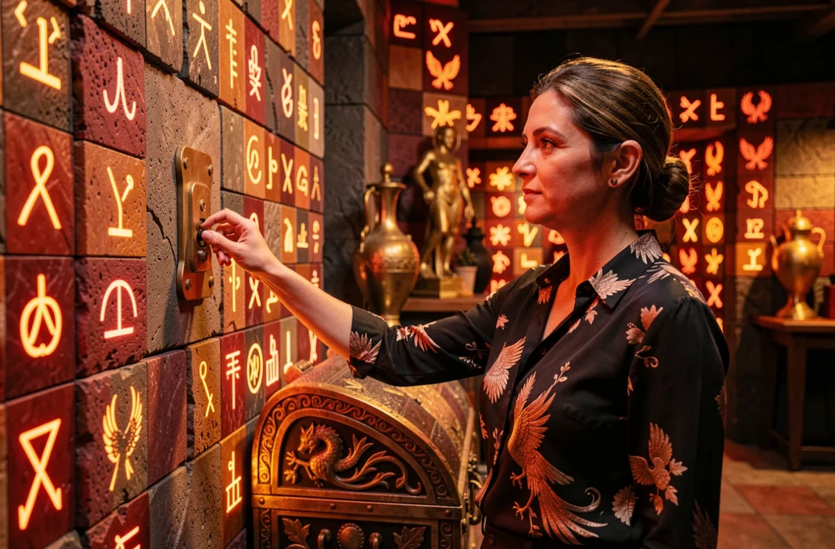 Joueuse découvrant les énigmes de l'escape game Les Secrets du Phoenix dans un décor mystique et doré
