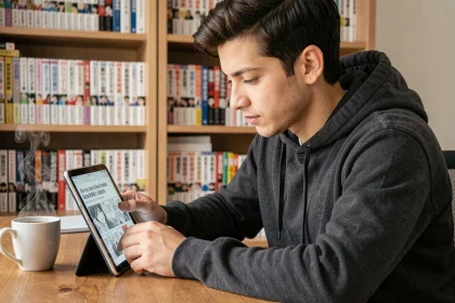 Jeune homme lisant un manga en vf légalement sur une tablette dans un bureau cosy rempli de mangas