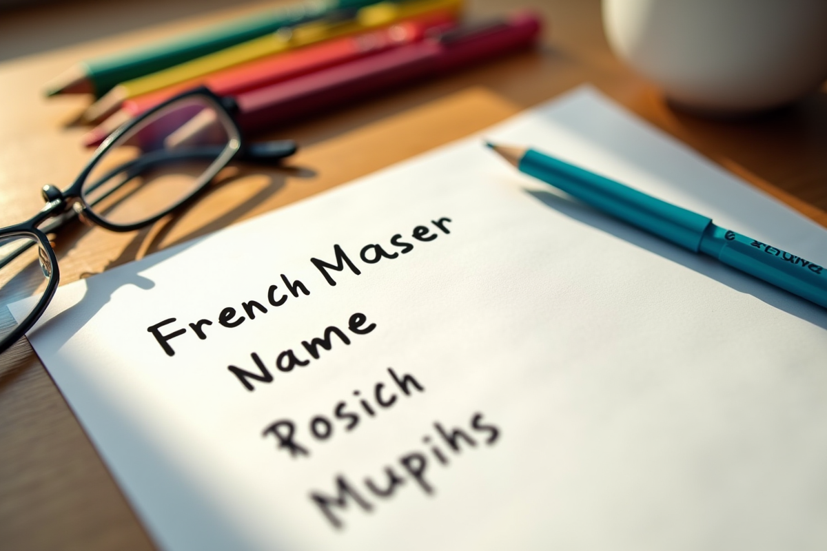 Liste manuscrite de prénoms français commençant par M sur une table