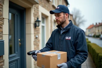 Livreur GLS scannant un colis devant une porte d'entrée en France pour mise à jour du suivi