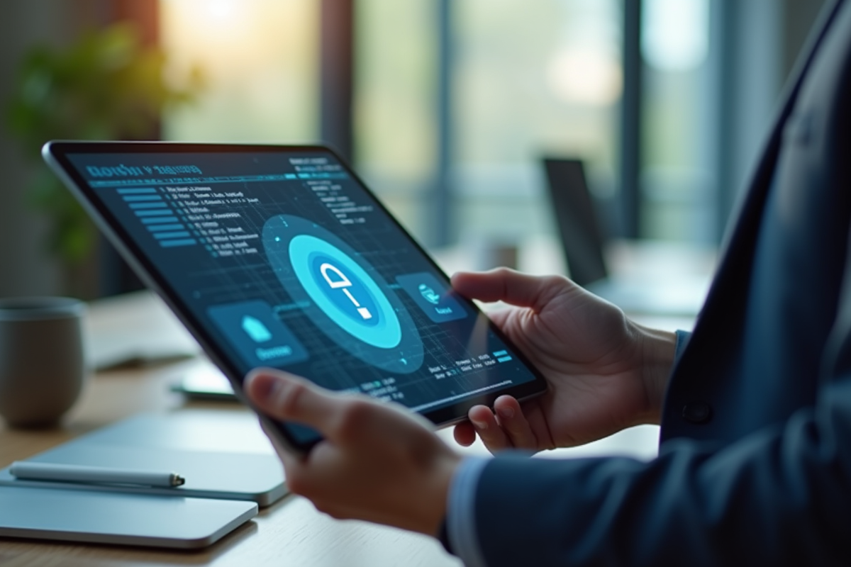 Mains tenant une tablette avec interface blockchain et visualisations numériques