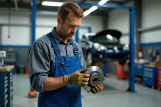 Mécanicien inspectant un disque de frein dans un garage professionnel