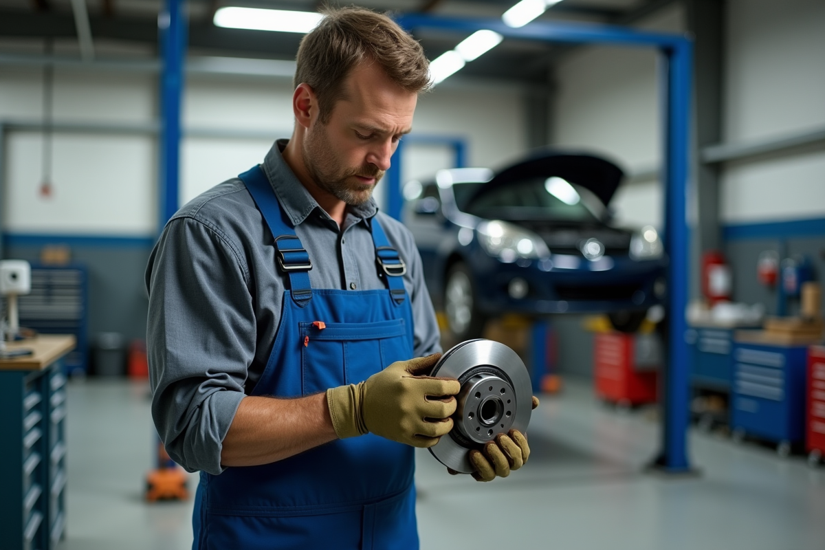 Mécanicien inspectant un disque de frein dans un garage professionnel