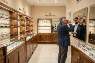 Intérieur d'une boutique d'opticien en Centre-Val de Loire avec des présentoirs de lunettes et un opticien conseillant un client